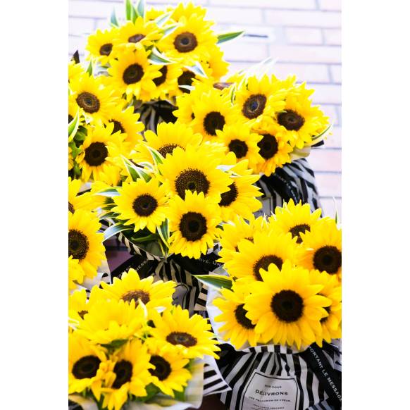 自立するひまわり10本の花束Mサイズ～ラッピング外さず届いたらそのまま飾るだけのらくらくブーケ～